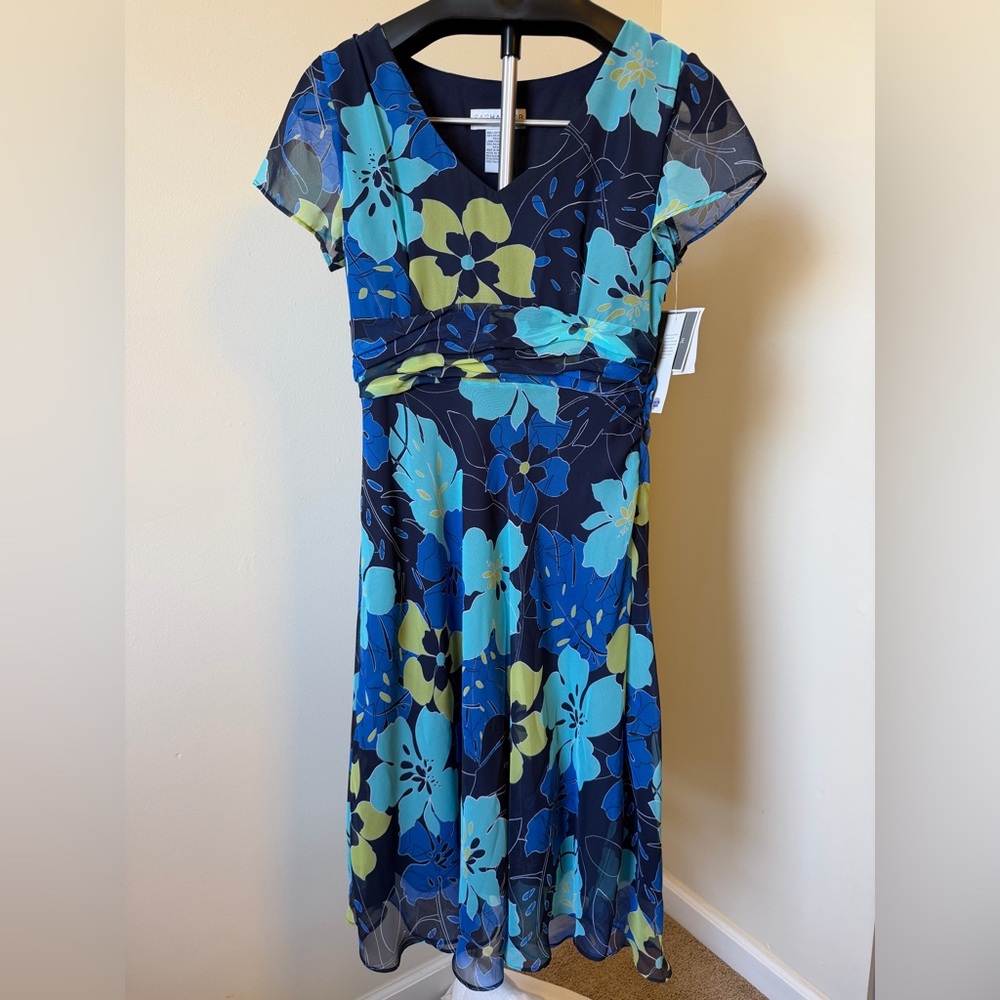 NWT Sag Harbor Blue and Green Floral Midi Dress 4 Petite